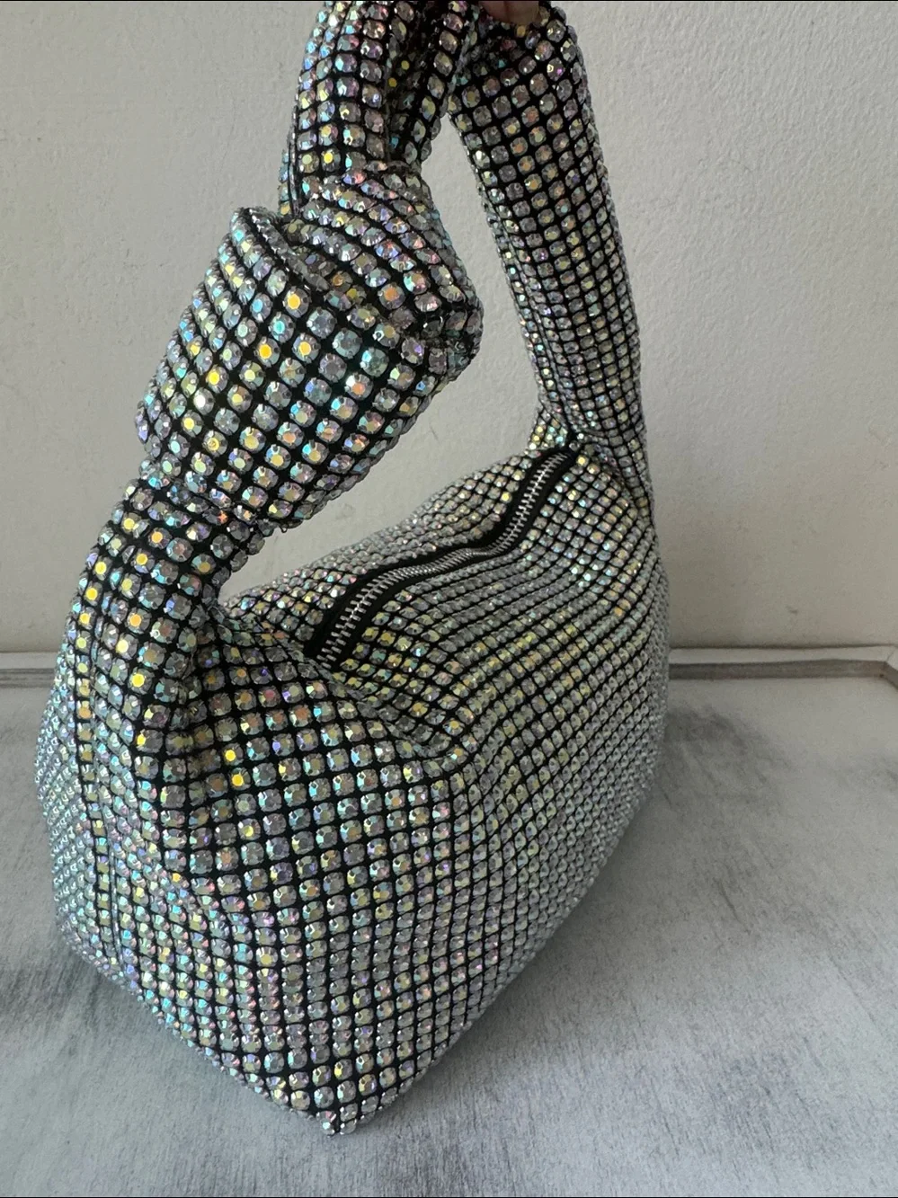 Madison West Knotted Aurora Boraelis Rhinestone Dumpling Evening Handbag